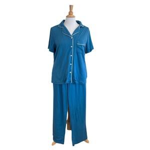 Avidlove 2 Piece PJ Set, Button Down Notched Collar, Pants, Blue/Green, Size M